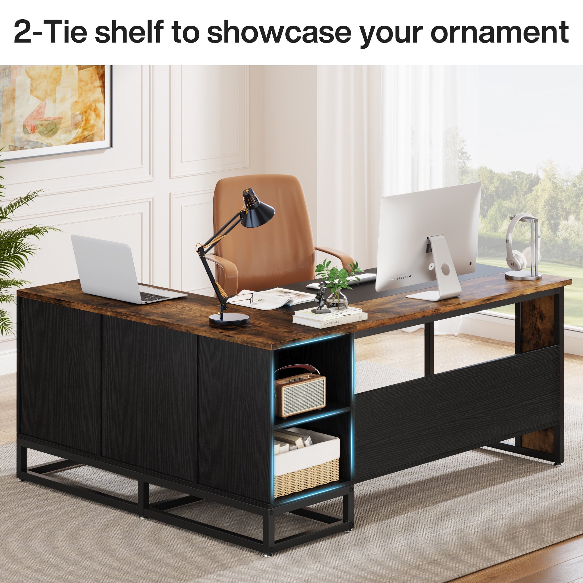 63" L-Shaped Desk, Large Executive Business Desk with Drawers and Shelves Tribesigns
